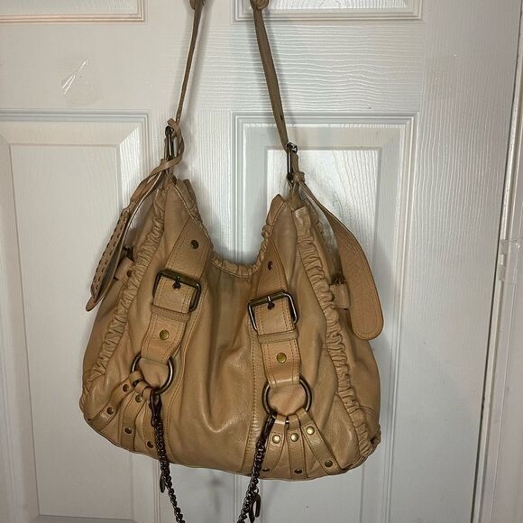 Betsey Johnson Vintage leather Tan Hobo large Shoulder Chain,& horseshoe accent - Picture 5 of 16